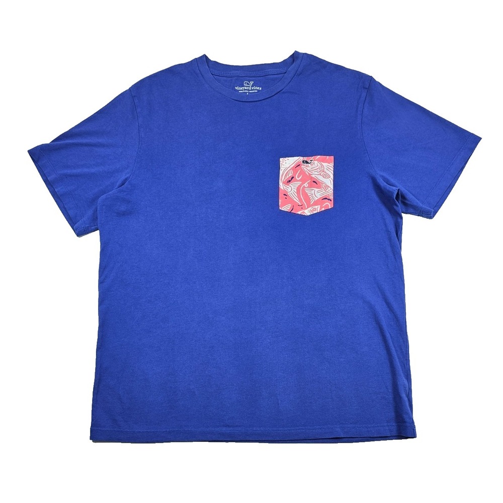 VINEYARD VINES Men's T Shirt L Blue Contrast Pink Fish Pocket Whale Logo 1V0431